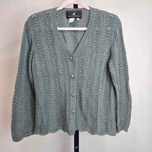 Peruvian Connection Gray Green Pima Cotton Pointelle Knit Cardigan Fisherman